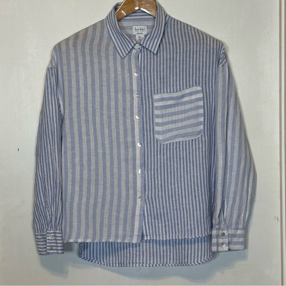 Nicole Miller NY Blue White Striped 100% Linen Button Down Shirt Women's Size  L